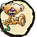 Animated cartoon bear in beige outfit with purple nose, holding green-and-blue segmented worm-like object across multiple poses.