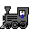 Four pixel-art train icons arranged in a , each with gray bodies and white smoke above them