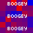 Pixelated of repeating 'BOOGEY' text in white, set against a background of red and blue squares with occasional purple transitions