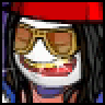 Pixelated static image of a cartoon character with large sunglasses, red headband, and wide smile against dark background.