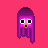 Pixelated purple squid-like creature with large black eyes and orange beak on bright pink background.