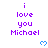 Pixelated text 'i love you Michael' in purple with blue hearts on white background, animated heart pulses.