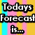 Pixelated text on a striped background reads 'Todays Forecast is... Happy with a chance of...' followed by 'Happiness!' in bold black letters.