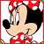 Pixelated close-up of a cartoon character with large black ears, red bow, and pink face wearing red dress.