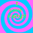 Four identical spiral patterns with alternating blue and pink rings, each containing green text reading "I Love Kirby!!!" on a solid background.