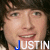 six identical pixelated images showing a person with brown hair and light skin, each overlaid with the text "JUSTIN" in white letters