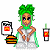Pixel art contact sheet showing two frames of an animated icon with a green-haired character holding food items and a dark green background with "Original Icons .com" text.