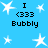 Blue background with white starbursts and repeated text "I <333 Bubbly" in black pixelated font.
