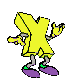 Yellow cartoon character with purple shoes and green ankle accents in multiple poses against gray background.