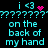 Pixelated cyan text on black background reads "i <3" with pink heart, "on the back of my hand" repeated, and pink dot animations.
