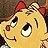 Pixelated close-up of a light brown animated mouse with large black-and-white eyes, a small brown nose, and a red bow on its head against a dark brown background.