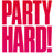 Pixelated red text reading "PARTY HARD!" in two lines on a white background, with visible pixelation and color blending.