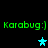 Green text 'Karabug:]' repeated twice on black background with three cyan star icons in different positions.