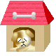 Pixelated doghouse with pink roof and bone, showing a puppy's changing expressions from sleepy to alert with speech bubble.