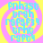 Pixelated blue text forms a spiral pattern over yellow and pink concentric circles on a solid pink background.