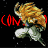 Animated character with spiky golden hair in dynamic poses against black starry background, red text "CONTACTO" partially visible.