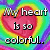 A pixelated image with a rainbow gradient background and two red hearts, each containing text.