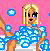 Pixelated avatar with blonde hair and blue patterned dress against pink background, surrounded by floating blue bubbles.