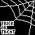 Black background with white spiderweb pattern; multiple 'TRICK OR TREAT' text elements in orange and white, each suspended by a small gray spider with red eyes.