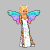 Two side-by-side animated frames of a winged doll character with blonde hair, colorful wings, and a white dress with pastel patterns against a gray background.