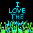 Pixelated cyan text on black background with green pixel noise at bottom, displaying "I LOVE THE JONAS BROTHERS" in two identical vertical