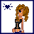 Pixel art contact sheet showing three frames of an animated buddy icon featuring a cartoon woman with curly brown hair, black top, and blue shorts, transitioning to legs in gray pants and white shoes.