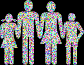 Pixelated figures in a line holding hands, with two distinct groupings on black backgrounds.