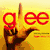 Six display 'glee' text with hand gestures forming the letter G over different backgrounds and characters