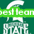 Green background with white Spartan helmet and 'STATE' text; one version includes a green 'best team' banner overlay.