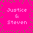 Bright pink background with scattered green dots and repeated white text reading "Justice & Steven" in four quadrants.