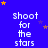 Blue background with white text reading "shoot for the stars" repeated in a , surrounded by yellow and purple star shapes