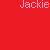 Red background with pixelated text reading 'Jackie' in light pink and white tones at the top center.