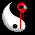 White yin-yang symbol with black center dots and red dripping line extending from top, displayed in multiple animated states against a black background.