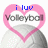 Pixelated heart-shaped icon with volleyball graphic, displaying text variations above the ball.
