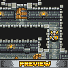 Pixel art scene showing a knight in armor holding a shield, standing on stone platforms with torches and wooden doors against dark background.