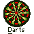 A circular dartboard icon with red and green segments, surrounded by multiple pixelated figures in yellow shirts holding blue darts labeled 'Darts' below each figure.