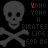 Animated contact sheet of a 48x48 pixel icon showing skull and crossbones with changing rainbow text over black background.