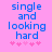 Pixelated blue text on pink background reads 'single and looking hard' with pink star symbols below, two identical frames show slight animation in star positions.