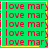Green background with red text repeating 'love mary' in a pattern, bordered by yellow lines with small red accents