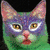 A four-quadrant shows a cat with purple and green face paint, a hand holding green scissors, a toilet paper roll, and a blank gray space