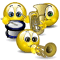 Yellow cartoon faces with blue eyes play brass instruments; one face holds a drum, another a trumpet, and the third a tuba in a repeating pattern