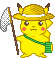 Pixel art animation of a yellow cartoon character with red cheeks, brown ears, and green sash holding a fishing net on gray background.