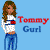 Pixelated image of a woman with long brown hair wearing a white crop top with blue and red accents and blue jeans against a light blue background.