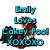 Pixelated image of two figures embracing with text overlay reading "Emily Loves Cokey Pool xoxoxo" in cyan block letters.