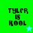 Pixelated text 'TYLER IS KOOL' on a split background with green and cyan sections, featuring a star symbol in one section.