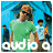Animated contact sheet of four 48x48 AIM buddy icons showing audio-themed and abstract scenes with blue circular logo frames.