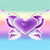 Pixelated purple butterfly with white accents on a pastel gradient background of light blue, pink, and yellow.