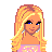 Pixel art buddy icon featuring a blonde woman in a pink and blue dress holding a shopping bag with 'Shop!' text and heart symbol on pink background.