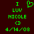 Green pixelated text and symbols on dark red background with heart symbol above 'LUV' in left , identical right
