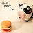Pixelated static image shows a hamburger, a cartoon dog with black and tan fur, and scattered gray shapes on light beige background.
